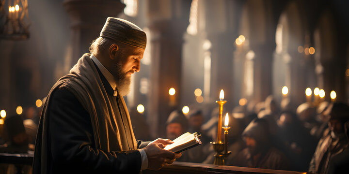 Islamic Imam Conducts a Sermon at the Mosque. Muslim Imam Preaching to the People in the Mosque