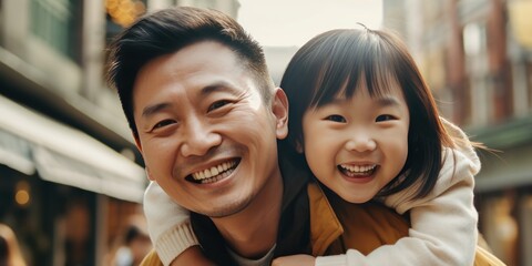happy asian father hugging little girl, generative AI - obrazy, fototapety, plakaty