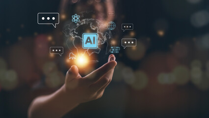 Futuristic technology transformation. Chatbot Chat with AI, Artificial Intelligence. Women use...