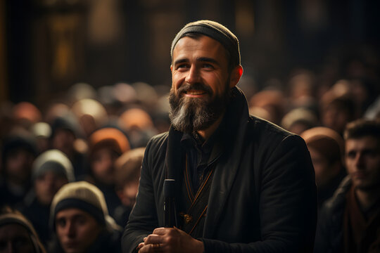 Islamic Imam Conducts a Sermon at the Mosque. Muslim Imam Preaching to the People in the Mosque