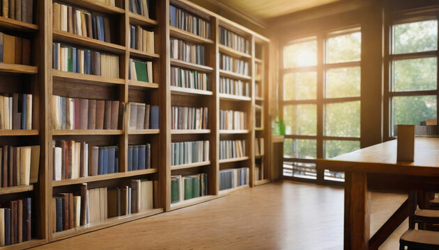 Photo of library bookshelves copy space image with wooden shelves and books