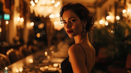 a beautiful woman in an evening dress with an elegant smile on luxurious hotel dinner hall background. - obrazy, fototapety, plakaty