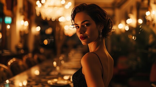 a beautiful woman in an evening dress with an elegant smile on luxurious hotel dinner hall background.