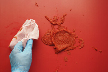 person hand cleaning tomato spill with a cloth 