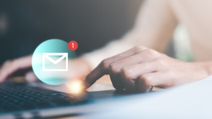 man reading electronic mail ,Email marketing and newsletter concept,Digital communication with email messages,Sending and receiving messages online with the email icon ,notifications - obrazy, fototapety, plakaty