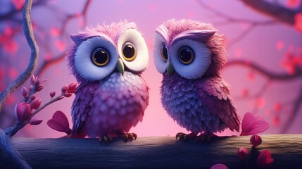 Couple of cute owl cartoon on romantic valentines background. Valentine's day greeting card, in love - obrazy, fototapety, plakaty
