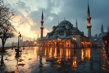 A Magnificent Mosque with a Beautiful Sky View at Sunset