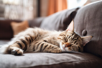 Cute cat sleeping on sofa in living room