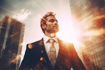 Double exposure of businessman looking up with  modern office buildings and sun rising backgroung