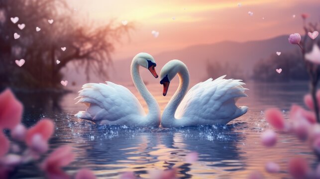 Couple of swan on romantic valentines background. Valentine's day greeting card, in love