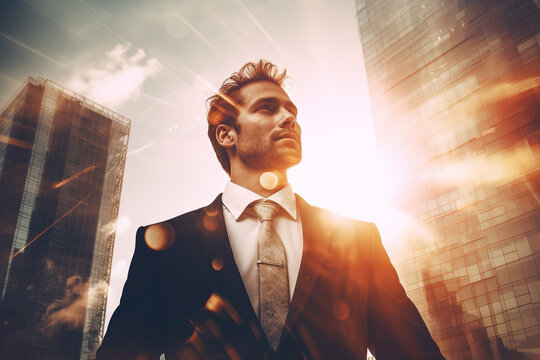 Double Exposure Of Businessman Looking Up With  Modern Office Buildings And Sun Rising Backgroung