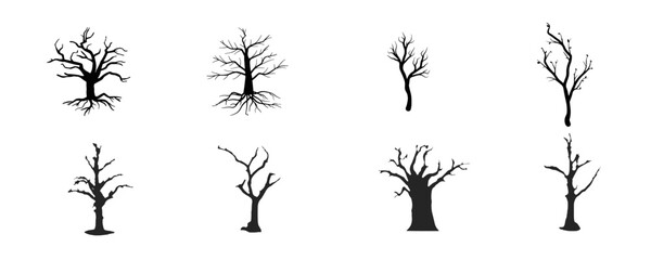 Collection of silhouettes of various types of trees without leaves