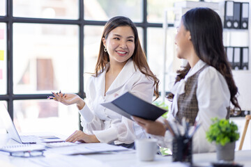 Teamwork meeting, laptop and business people in office workplace. Collaboration, technology and...