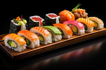 Closeup of Sushi Japanese food on black table