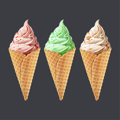 Set of soft ice cream waffled cone in black background vector illustration