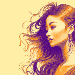 Pixilated woman. Halftone effect. Algorithmic design using an AI image as input. Purple, orange, yellow squares mosaic.