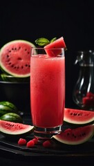 watermelon juice in a glass with watermelon fruit and modern lighting background photo