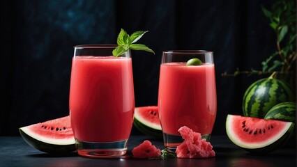 watermelon juice in a glass with watermelon fruit and modern lighting background photo