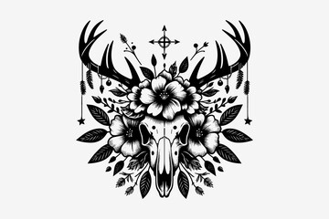 Deer Skull and Flower logo Illustration, Black and white, vector  - obrazy, fototapety, plakaty