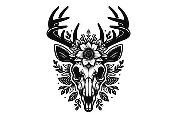 Obraz premium Deer head Skull and Flower logo Illustration, Black and white, vector 