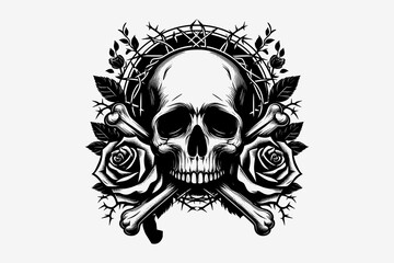 Human Skull and Flower logo Illustration, Black and white, vector 