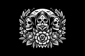 Three Reaper Skull and Flower logo Illustration, Black and white, vector 