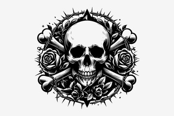 Human Skull and Flower logo Illustration Black and white vector 