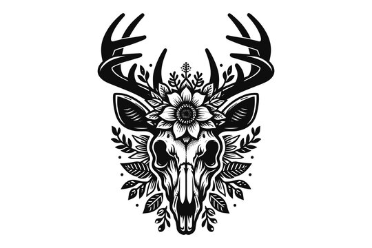 Deer head Skull and Flower logo Illustration, Black and white, vector 