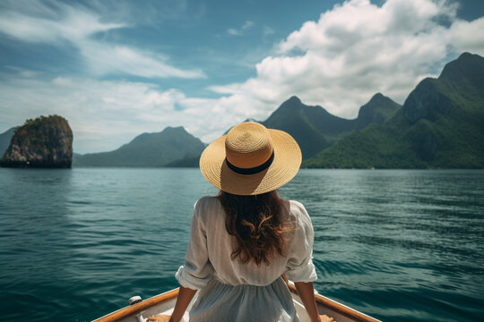 Woman sitting in front of boat with view of sea and mountain during holiday journey.