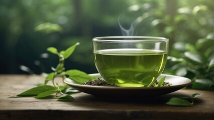 cup of green tea with mint and Spearmint leaf and smoky refresh background photo