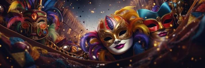 Tuinposter Carnival mask. Mardi gras party background, Carnival festival celebration, Venetian mask, Masquerade disguise © CYBERUSS