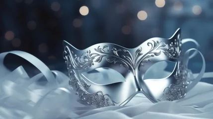 Gordijnen Silver carnival mask on beautiful bokeh background. Mardi gras party, Carnival festival celebration, Venetian mask, Masquerade disguise © CYBERUSS