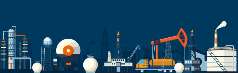 Gas and oil industry platform Banner with Outbuildings, Oil storage tank and more. Poster Brochure Flyer Design, Vector Illustration eps10