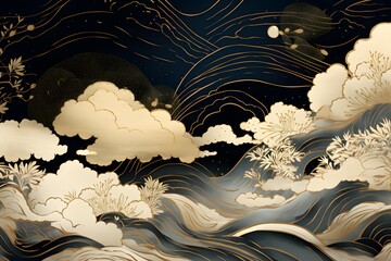 Artistic Oriental Waves and Blossoms