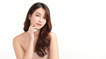 Fototapeta premium Beautiful young asian woman with clean fresh skin on white background, Face care, Facial treatment, Cosmetology, beauty and spa, Asian women portrait.