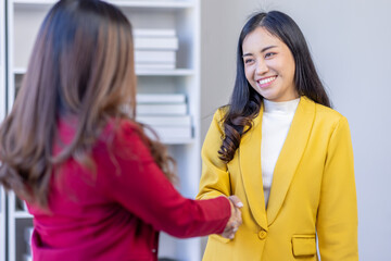 Business woman offer and give hand for handshake in office. Successful job interview. Apply for loan in bank. Salesman, bank worker or lawyer shake for deal, agreement or sale. Increase of salary.
