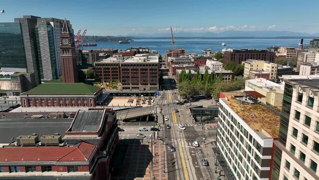 Drone shot of Seattle's Chinatown connecting to Pioneer Square.