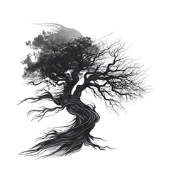 hand drawn burned tree, crooked tree, 2d, flat image, black and white, minimalism logo