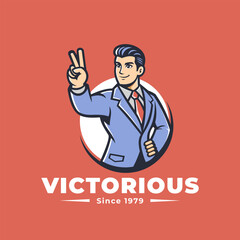 Vintage businessman with victorious hand gesture. Old retro man cartoon vector illustration.