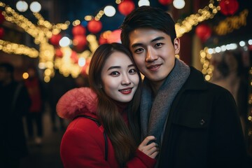 Happy Asian Couple Celebrating Chinese New Year Outdoors