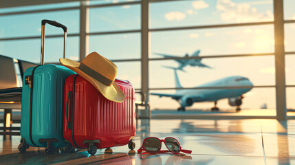 Suitcases in airport departure lounge, airplane in background, summer vacation concept, traveler suitcases in airport terminal waiting area, empty hall interior with large windows, focus on suitcases - obrazy, fototapety, plakaty