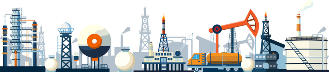 Gas and oil industry platform Banner with Outbuildings, Oil storage tank and more. Poster Brochure Flyer Design, Png Illustration  - obrazy, fototapety, plakaty