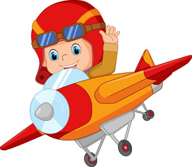 Cartoon little boy operating a plane