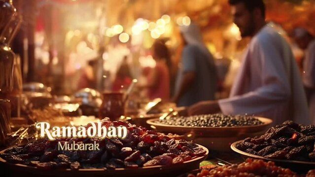 dried dates on the food market with ramadhan mubarak greeting