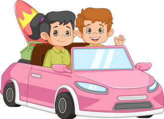 Young man and woman having fun driving their car on a road trip