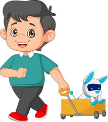 Boy pulling cart with cyber dog