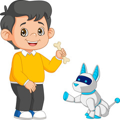 a little boy is giving bone for cyber dog