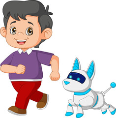 a little boy running with cyber dog