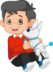 Happy young boy lovingly hugging his cyber dog