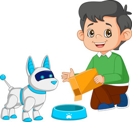 a little boy is giving food for cyber dog